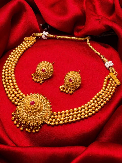 

aadita Gold-Plated Magenta Pink Stone-Studded Beaded Choker Jewellery Set