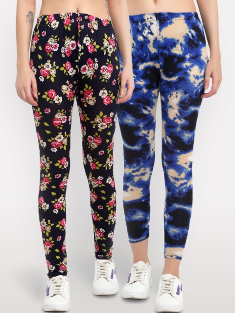 

NEUDIS Women Pack Of 2 Printed Skinny-Fit Ankle-Length Leggings, Blue