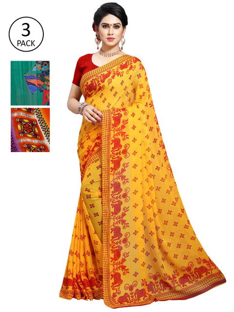 

KALINI Pack Of 3 Yellow & Sea Green Saree