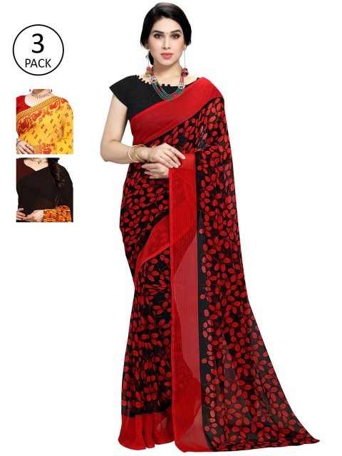

KALINI Pack of 3 Ethnic Motifs Poly Georgette Saree, Black