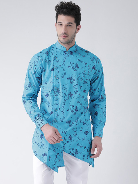 

SG LEMAN Men Turquoise Blue Printed Flared Sleeves Thread Work Kurta