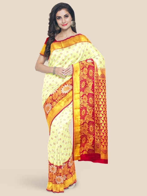 

Kalamandir Off White & Red Woven Design Silk Blend Kanjeevaram Saree
