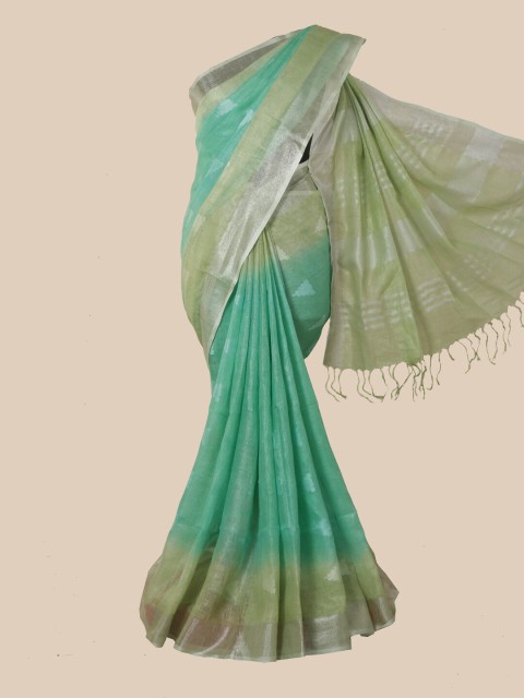 

Pothys Green & Silver-Toned Zari Linen Blend Saree
