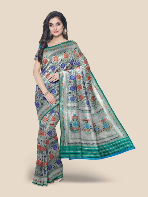 

KLM Fashion Mall Grey & Blue Floral Zari Tissue Banarasi Saree