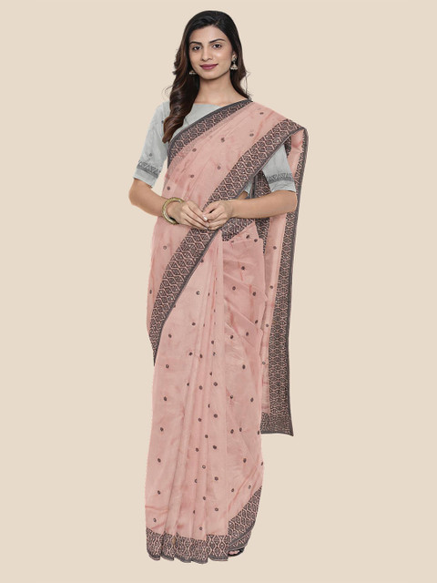 

KLM Fashion Mall Peach & Grey Embellished Beads and Stones Silk Blend Saree