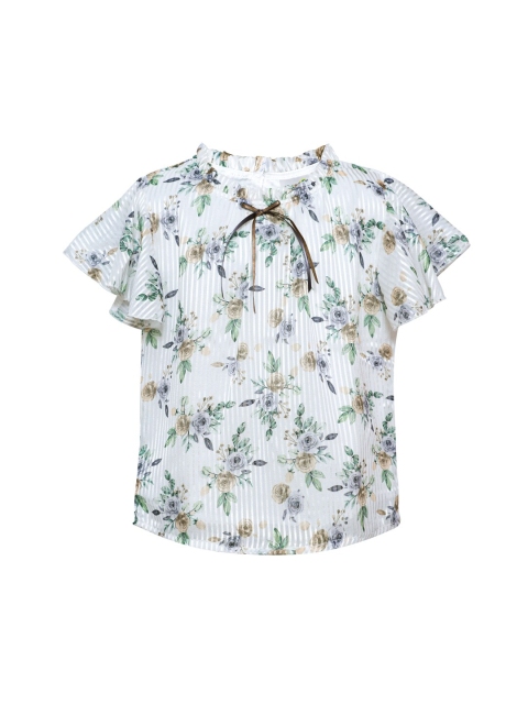 

Daffodils GIRLS WEAR Cream-Coloured & Green Floral Puff Sleeve Regular Top