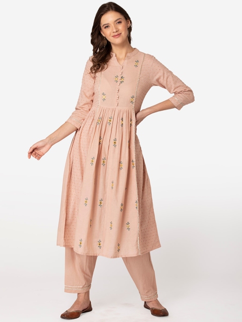 

TARA-C-TARA Women Beige Floral Embroidered Pleated Pure Cotton Kurta With Trousers