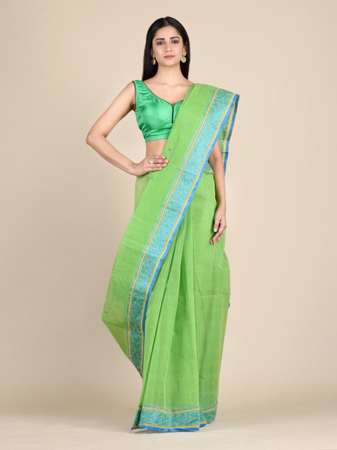 

Mitera Green & Blue Woven Design Zari Pure Cotton Fusion Taant Saree