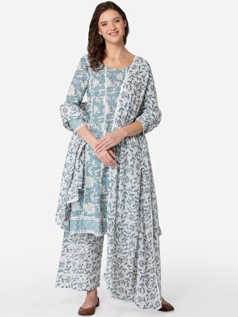 

TARA-C-TARA Women Blue Ethnic Motifs Printed Pure Cotton Kurta with Palazzos & With Dupatta