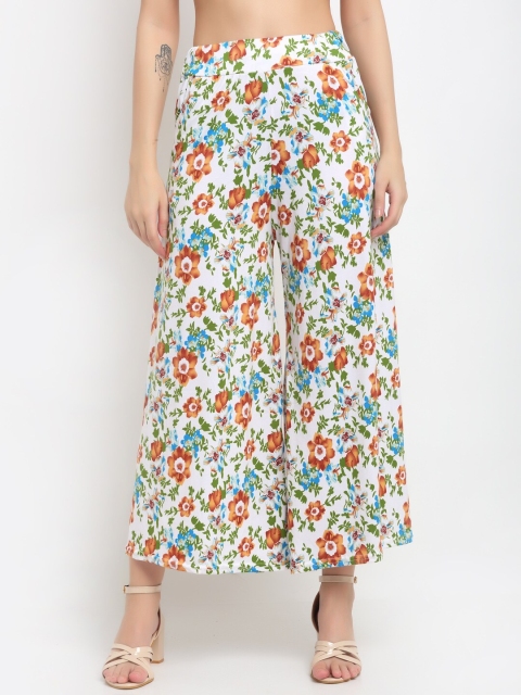 

NEUDIS Women White & Brown Floral Printed Flared Knitted Palazzos