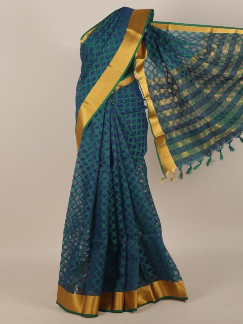 

Pothys Blue & Green Checked Zari Cotton Blend Saree