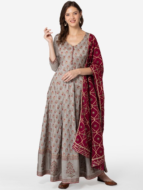 

TARA-C-TARA Grey & Maroon Ethnic Motifs Layered Ethnic Maxi Dress with Dupatta