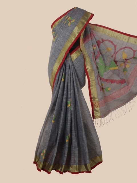 

Pothys Grey & Red Woven Design Linen Blend Saree
