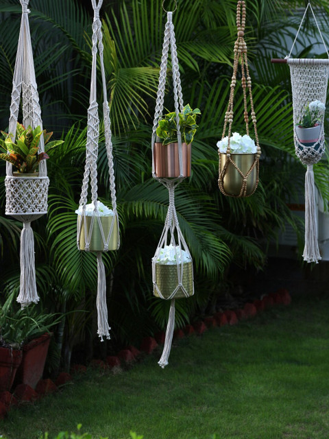 

Amoliconcepts Gold-Toned & Off White Handcrafted Hanging Macrame Planter Holder