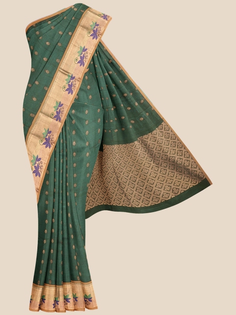

Kalamandir Green & Gold-Toned Woven Design Silk Blend Venkatgiri Saree