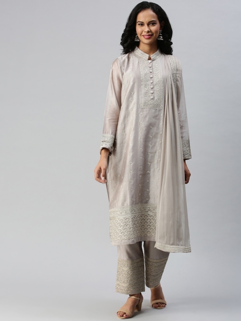 

Soch Women Grey Striped Pleated Kurti with Trousers & With Dupatta