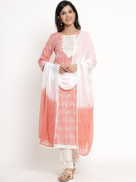 

ANAISA Women Pink Floral Printed Sequinned & Lace Pure Cotton Kurta Set With Dupatta