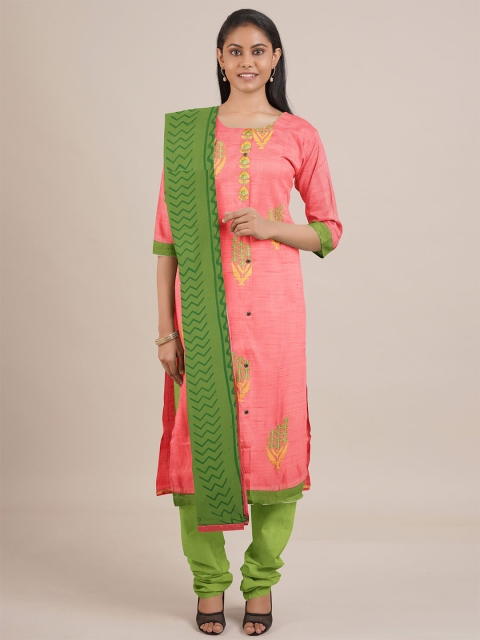 

Pothys Pink & Green Printed Unstitched Dress Material
