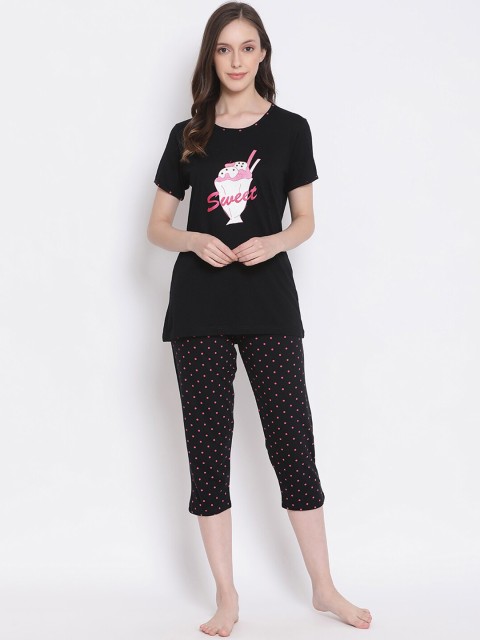 

Kanvin Women Black Printed Cotton Night Suit