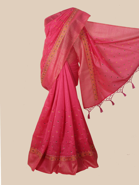 

Pothys Pink & Green Floral Jute Silk Saree