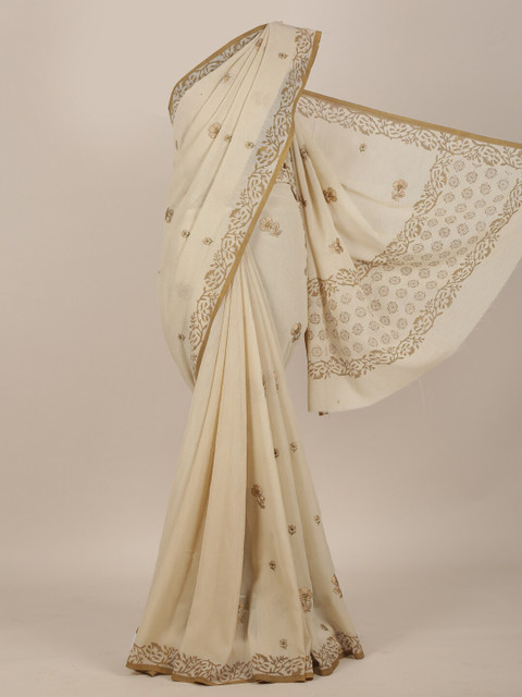 

Pothys Cream Floral Poly Georgette Saree