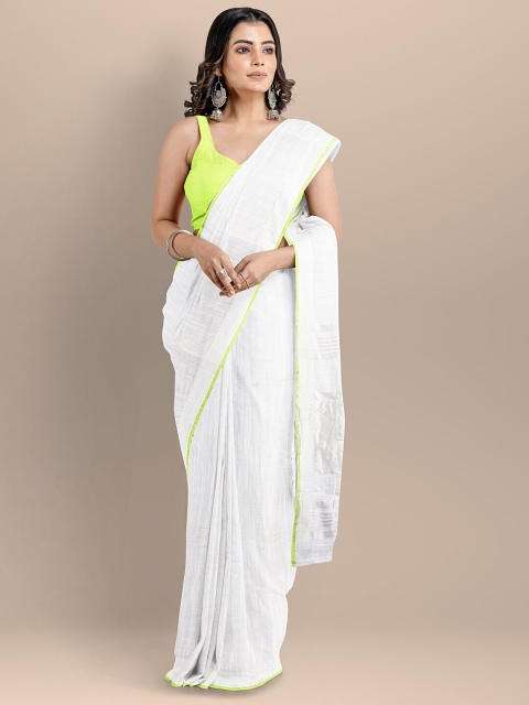 

BharatSthali White & Silver-Coloured Striped Pure Cotton Mangalagiri Saree