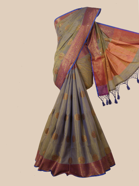

Pothys Green & Golden Ethnic Motifs Zari Jute Silk Saree