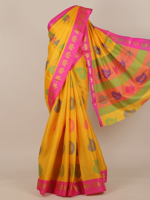 

Pothys Yellow & Pink Ethnic Motifs Zari Cotton Blend Saree