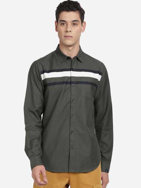 

Breakbounce Men Olive Striped Slim Fit Casual Shirt