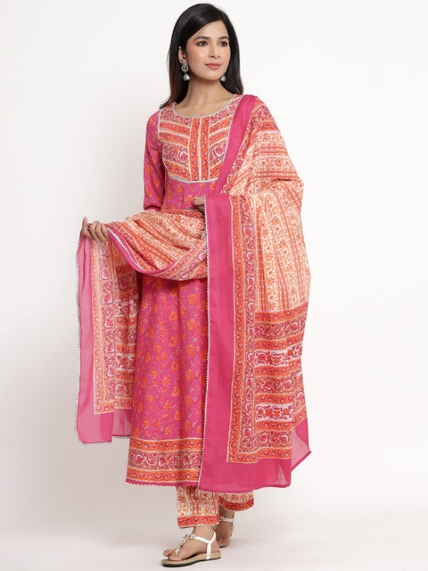 

ANAISA Women Pink & Beige Ethnic Motifs Yoke Design Gotta Patti Kurta Trousers & Dupatta