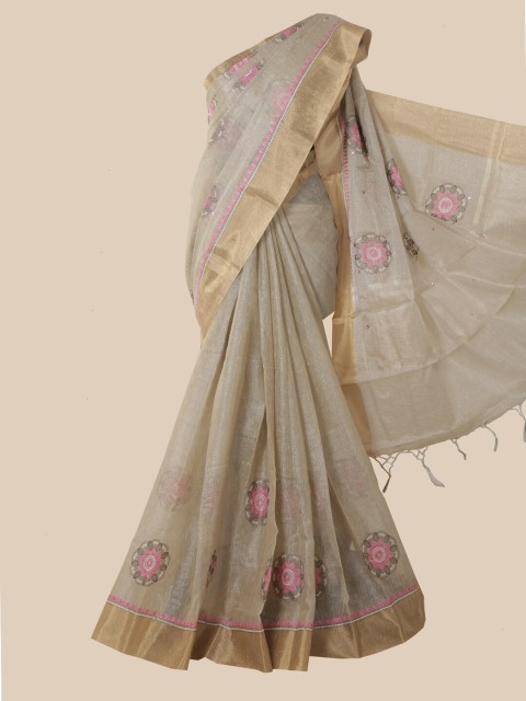

Pothys Grey & Pink Floral Embroidered Tissue Saree