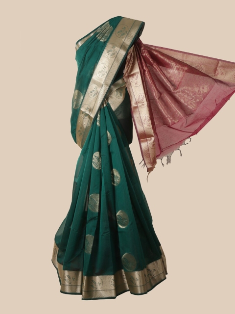 

Pothys Green & Pink Floral Zari Silk Cotton Saree