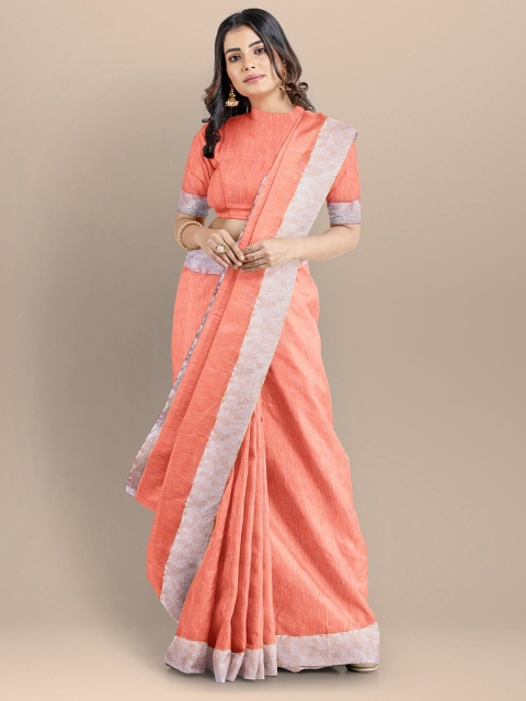 

BharatSthali Peach & Silver-Toned Zari Silk Cotton Mangalagiri Saree