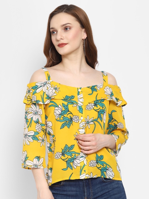 NIXX Yellow Women Floral Crepe Regular Top