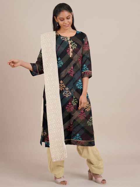 

Pothys Black & Blue Printed Unstitched Dress Material