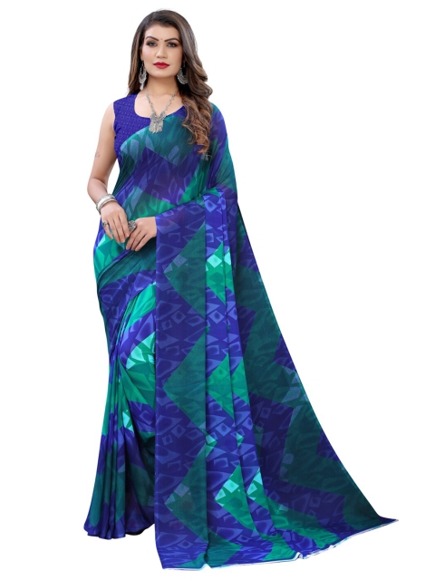 

KALINI Blue & Sea Green Pure Georgette Geometric Designer Saree