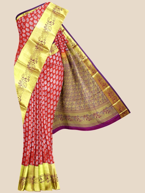 

Kalamandir Red & Gold-Toned Woven Design Silk Blend Kanjeevaram Saree