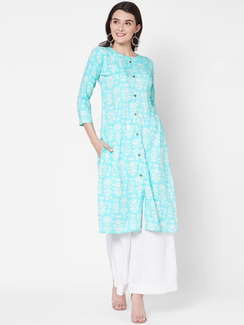 

FASHOR Women Blue & White Floral Printed Kurta