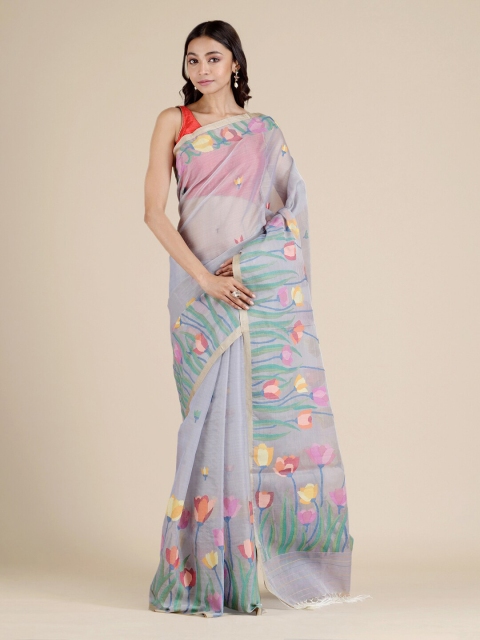 

Mitera Off White Floral Pure Silk Heavy Work Jamdani Saree