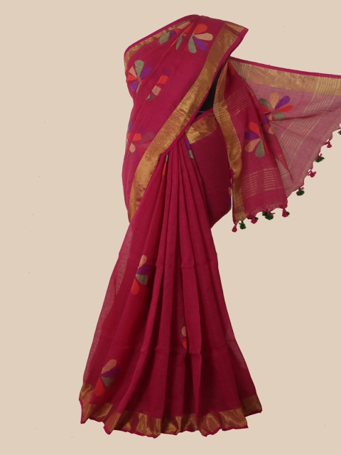 

Pothys Magenta & Gold-Toned Ethnic Motifs Linen Blend Saree