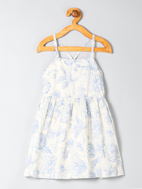 

GAP Girls Off White & Blue Floral Print Cotton Fit & Flare Dress with Criss-Cross Back