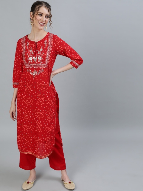 

Ishin Women Red Floral Embroidered Straight Pure Cotton Kurta with Trousers