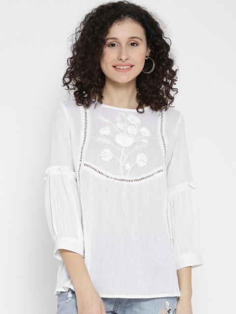 

SCOUP Women White Embroidered Schiffli Regular Top