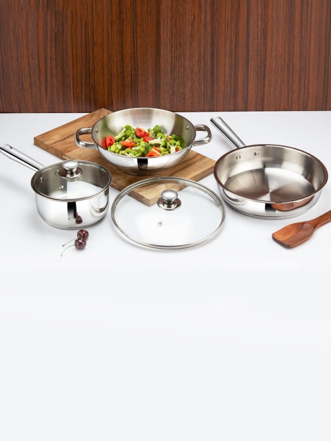 

Vinod Set Of 3 Silver-Toned Stainless Steel Induction-Friendly Cookware Set