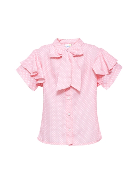 

Daffodils GIRLS WEAR Peach-Coloured & White Tie-Up Neck Flutter Sleeve Georgette Shirt Style Top