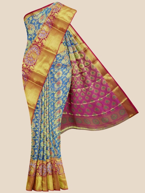 

Kalamandir Blue & Pink Ethnic Motifs Zari Silk Blend Kanjeevaram Saree