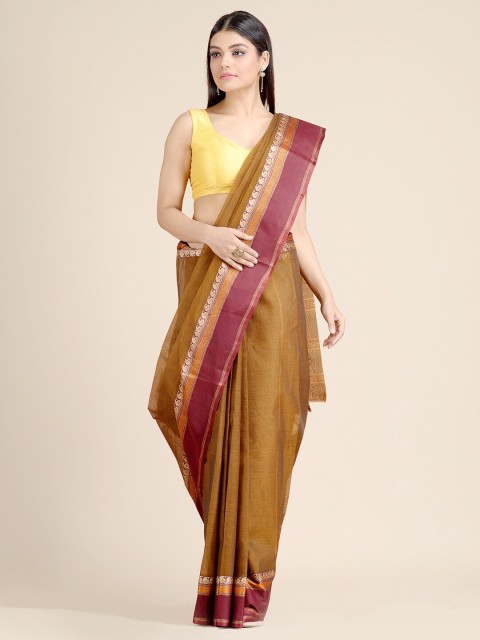 

Mitera Brown & Red Woven Design Zari Pure Cotton Fusion Taant Saree