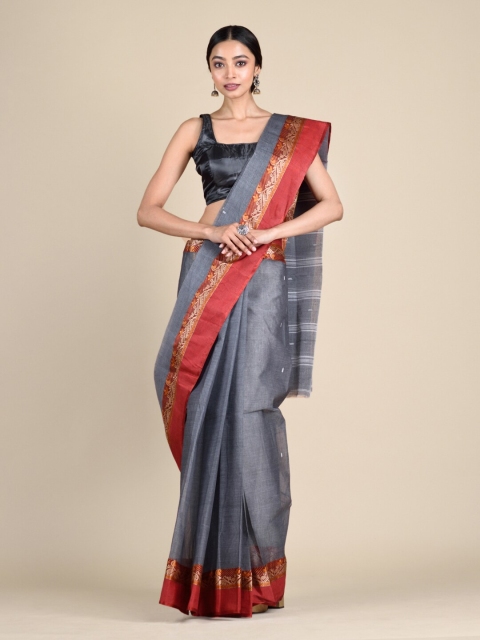 

Mitera Grey Hand Woven Pure Cotton Taant Saree
