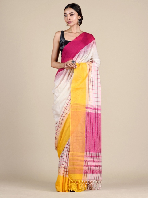 

Mitera White Pure Cotton Hand Woven Saree With Dual Border And Unstitched Blouse