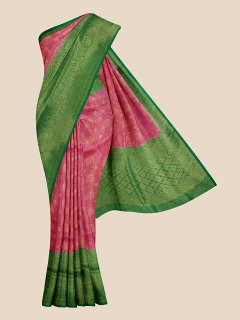 

Kalamandir Pink & Green Floral Zari Silk Blend Banarasi Saree